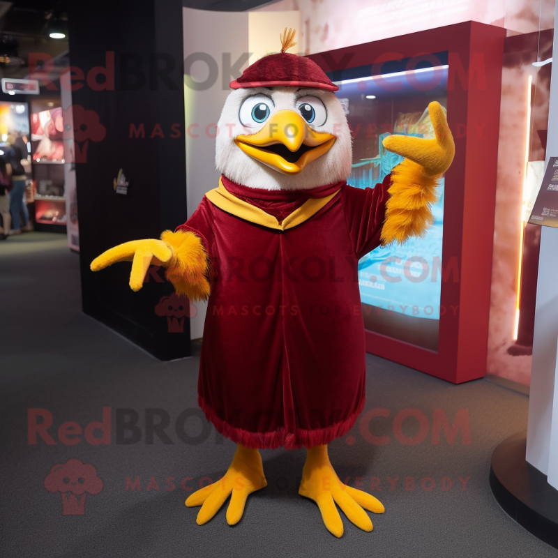 Maroon Canary mascot costume character dressed with a Long Sleeve Tee and Suspenders