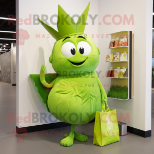 Lime Green Queen mascot costume character dressed with a Leggings and Tote bags