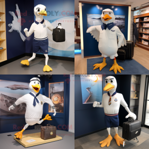 Navy Seagull mascot costume character dressed with a Running Shorts and Briefcases