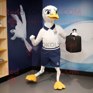 Navy Seagull mascot costume character dressed with a Running Shorts and Briefcases