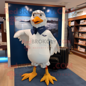 Navy Seagull mascot costume character dressed with a Running Shorts and Briefcases