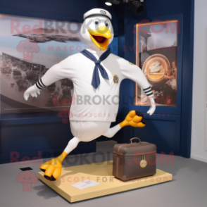 Navy Seagull mascot costume character dressed with a Running Shorts and Briefcases