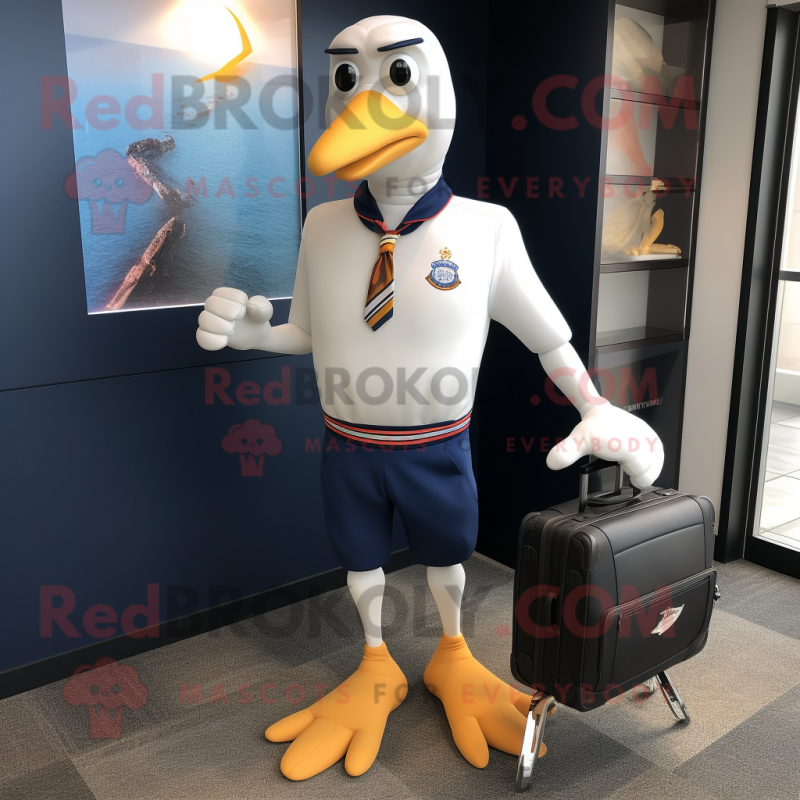 Navy Seagull mascot costume character dressed with a Running Shorts and Briefcases