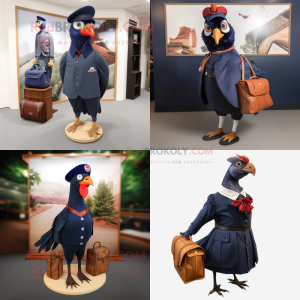 Navy Pheasant mascot costume character dressed with a A-Line Skirt and Messenger bags