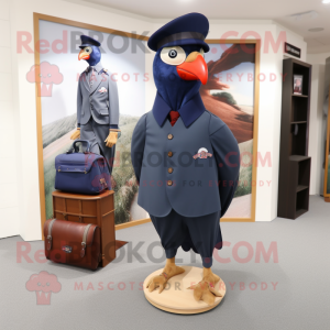 Navy Pheasant mascot costume character dressed with a A-Line Skirt and Messenger bags