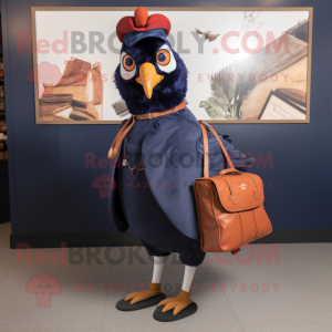 Navy Pheasant mascot costume character dressed with a A-Line Skirt and Messenger bags