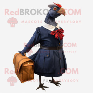 Navy Pheasant mascot costume character dressed with a A-Line Skirt and Messenger bags