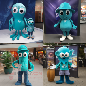 Teal Squid mascot costume character dressed with a Polo Tee and Keychains