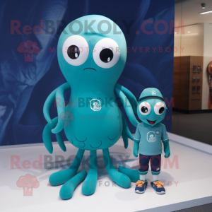 Teal Squid mascot costume character dressed with a Polo Tee and Keychains