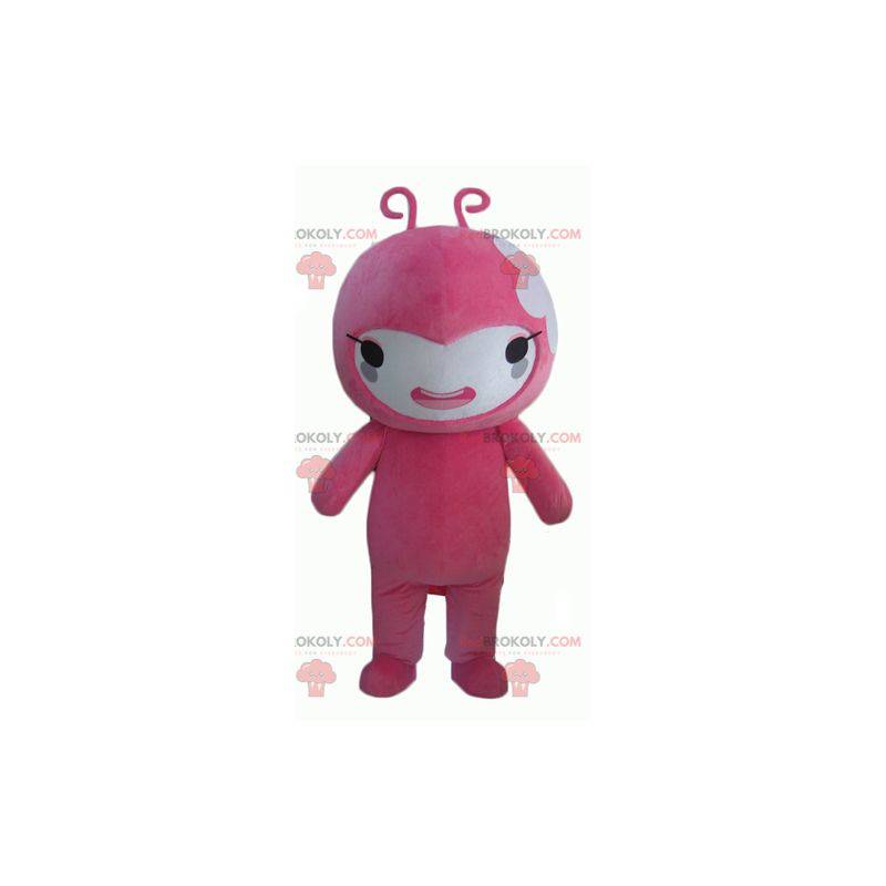 Mascote de boneco de neve rosa e branco com duas antenas -