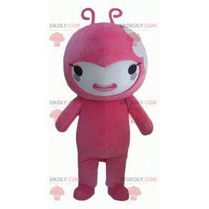 Mascotte pupazzo di neve rosa e bianco con due antenne -