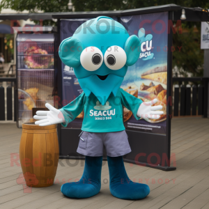 Teal Squid mascot costume character dressed with a Polo Tee and Keychains