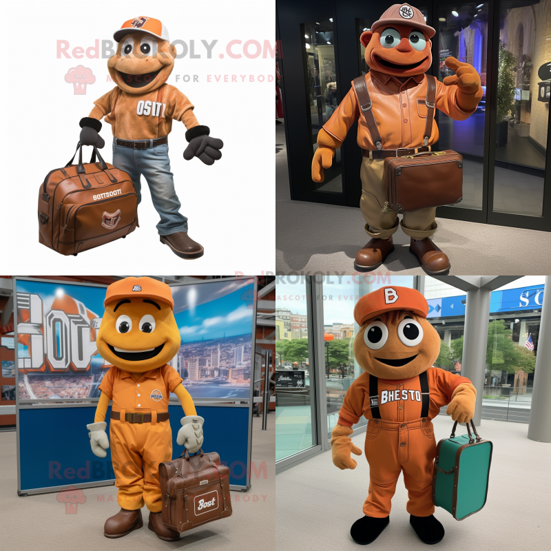 Rust Baseball Glove mascot costume character dressed with a Overalls and Briefcases