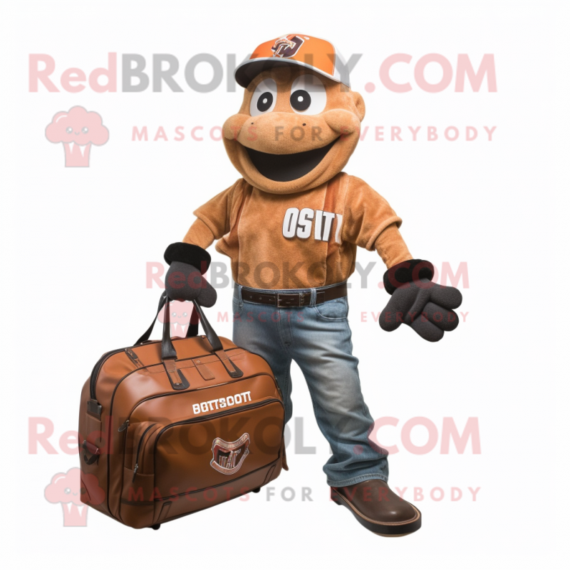 Rust Baseball Glove mascot costume character dressed with a Overalls and Briefcases