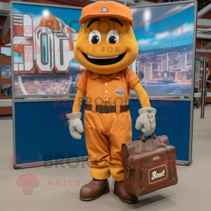 Rust Baseball Glove mascot costume character dressed with a Overalls and Briefcases