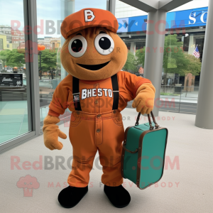 Rust Baseball Glove mascot costume character dressed with a Overalls and Briefcases