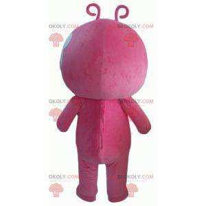 Mascote de boneco de neve rosa e branco com duas antenas -