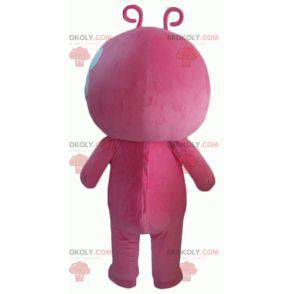 Mascote de boneco de neve rosa e branco com duas antenas -