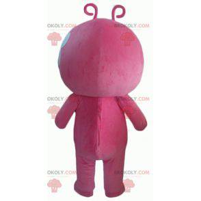 Mascotte pupazzo di neve rosa e bianco con due antenne -