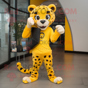 Yellow Cheetah mascot costume character dressed with a V-Neck Tee and Clutch bags