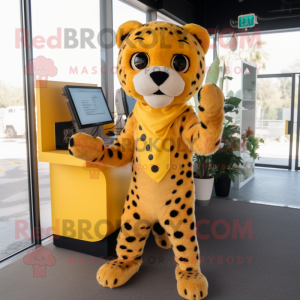 Yellow Cheetah mascot costume character dressed with a V-Neck Tee and Clutch bags