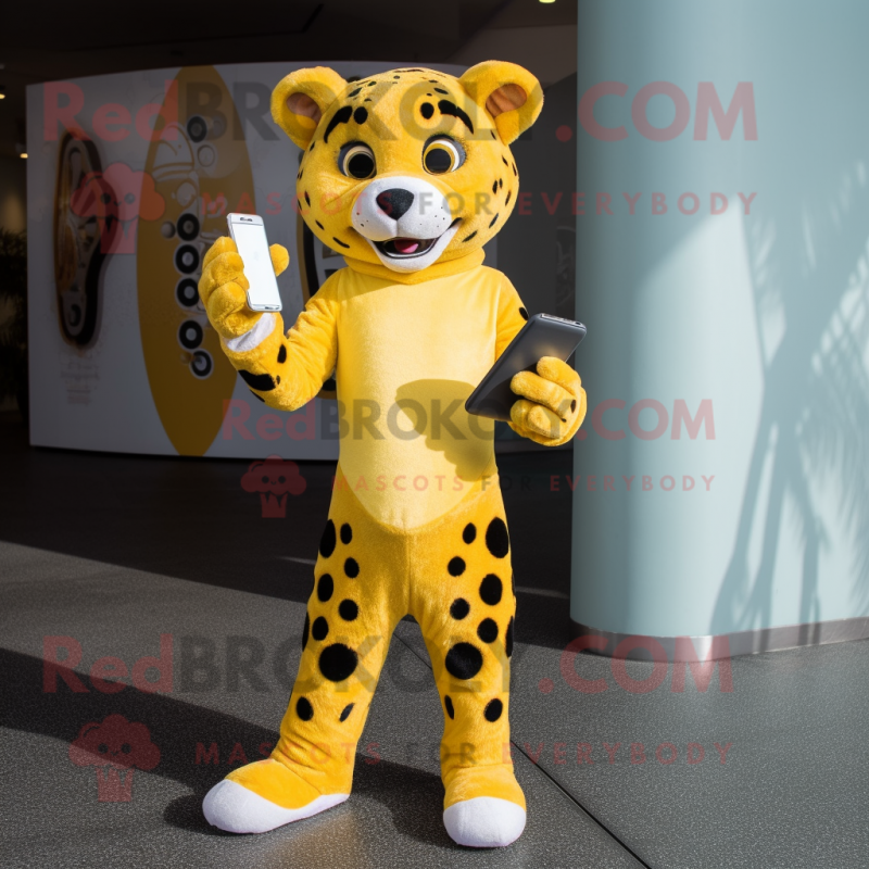 Yellow Cheetah mascot costume character dressed with a V-Neck Tee and Clutch bags