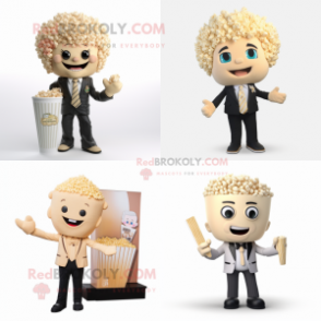 Beige Pop Corn mascot costume character dressed with a Blazer and Hair clips
