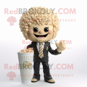 Beige Pop Corn mascot costume character dressed with a Blazer and Hair clips