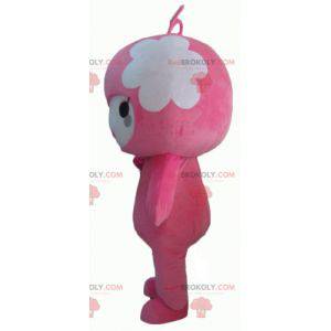 Mascote de boneco de neve rosa e branco com duas antenas -