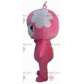Mascotte pupazzo di neve rosa e bianco con due antenne -