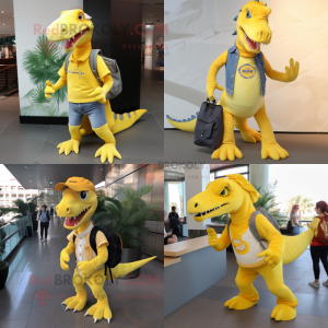 Lemon Yellow Spinosaurus mascot costume character dressed with a Flare Jeans and Backpacks