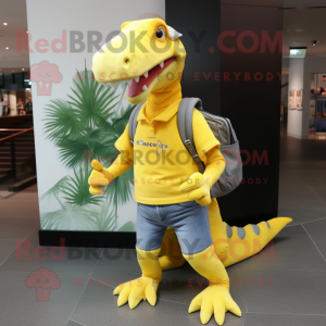 Lemon Yellow Spinosaurus mascot costume character dressed with a Flare Jeans and Backpacks