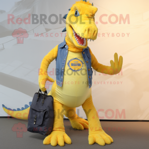 Lemon Yellow Spinosaurus mascot costume character dressed with a Flare Jeans and Backpacks