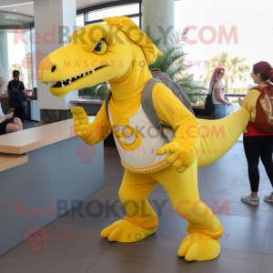 Lemon Yellow Spinosaurus mascot costume character dressed with a Flare Jeans and Backpacks