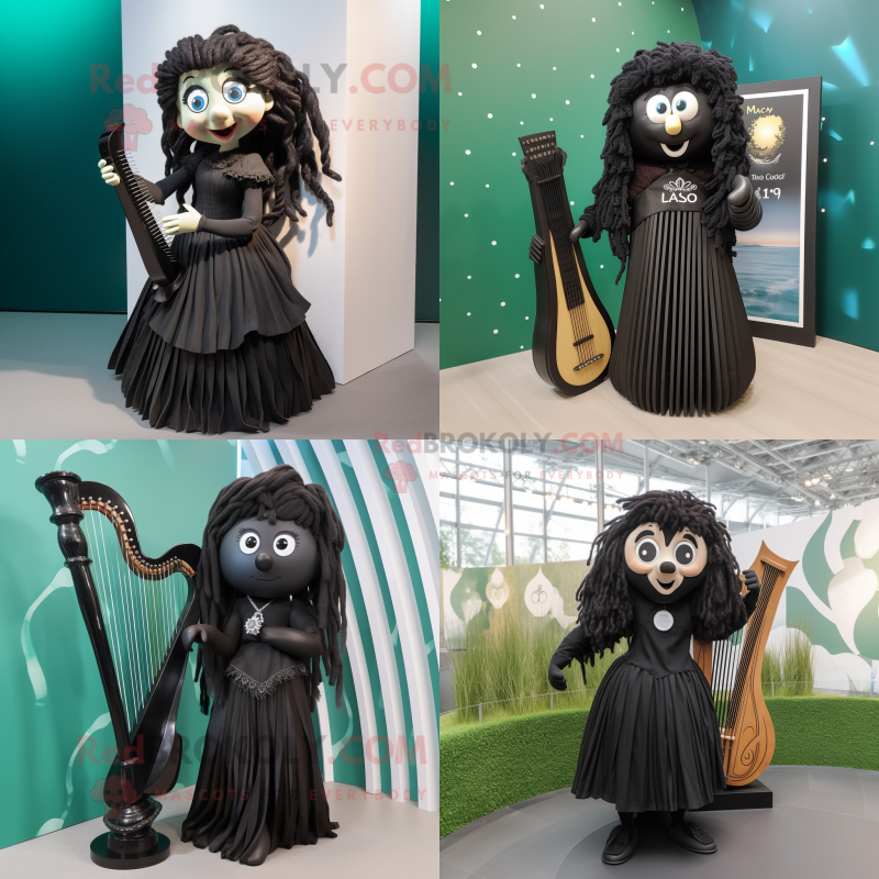 Black Celtic Harp mascot costume character dressed with a Pleated Skirt and Hair clips