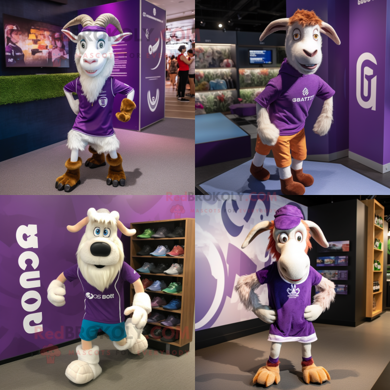 Purple Boer Goat mascot costume character dressed with a Running Shorts and Caps