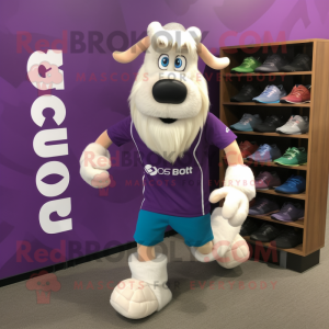 Purple Boer Goat mascot costume character dressed with a Running Shorts and Caps