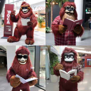 Maroon Sasquatch mascot costume character dressed with a Dress Shirt and Reading glasses