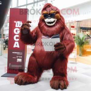 Maroon Sasquatch mascot costume character dressed with a Dress Shirt and Reading glasses