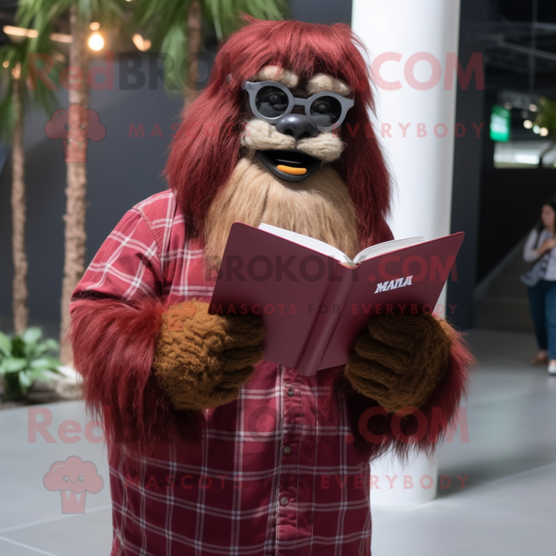 Maroon Sasquatch mascot costume character dressed with a Dress Shirt and Reading glasses