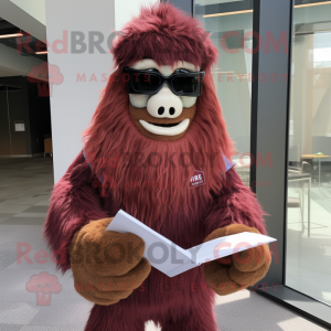 Maroon Sasquatch mascot costume character dressed with a Dress Shirt and Reading glasses