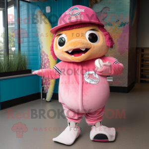 Pink Fish Tacos mascot costume character dressed with a Baseball Tee and Foot pads