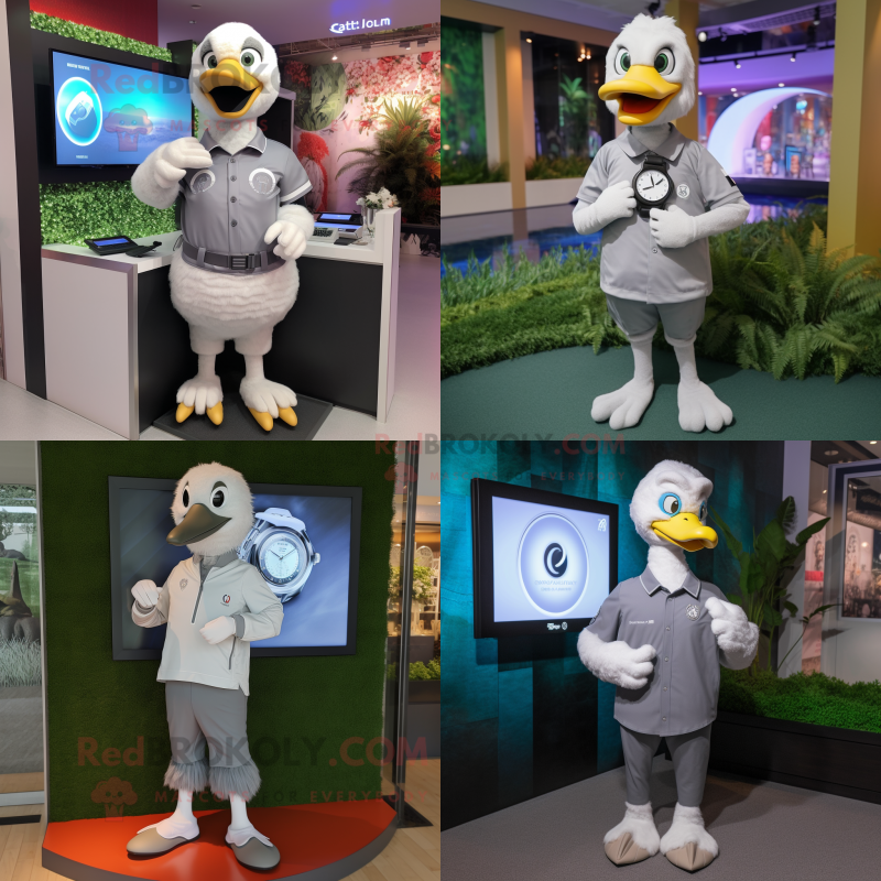 Gray Swans mascot costume character dressed with a Polo Tee and Digital watches