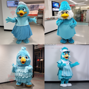 Cyan Fried Chicken mascot costume character dressed with a Wrap Skirt and Caps