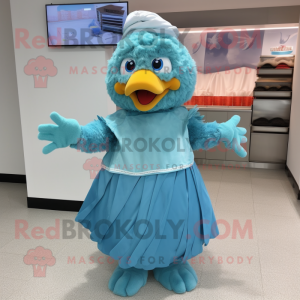 Cyan Fried Chicken mascot costume character dressed with a Wrap Skirt and Caps