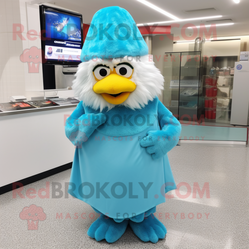 Cyan Fried Chicken mascot costume character dressed with a Wrap Skirt and Caps