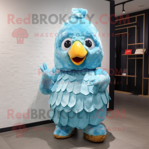 Cyan Fried Chicken mascot costume character dressed with a Wrap Skirt and Caps