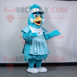 Cyan Fried Chicken mascot costume character dressed with a Wrap Skirt and Caps