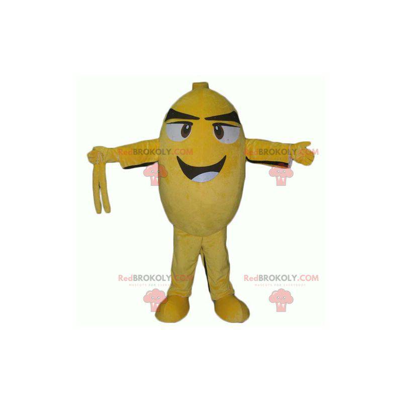 Mascotte d'oiseau jaune et noir de bonhomme ovale souriant -