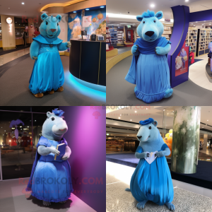Blue Capybara mascot costume character dressed with a Evening Gown and Wallets